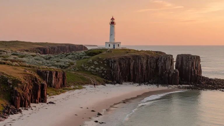 Falésias de basalto, praia e farol na costa de Torres, cenário do roteiro do que fazer em Torres