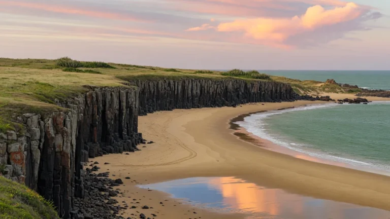 Falésias de basalto e areia dourada na costa, cenário das praias de Torres ao entardecer